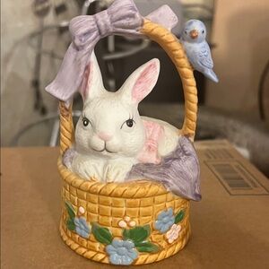 vintage Decorative Rabbit Basket with Bird - White and Purple
